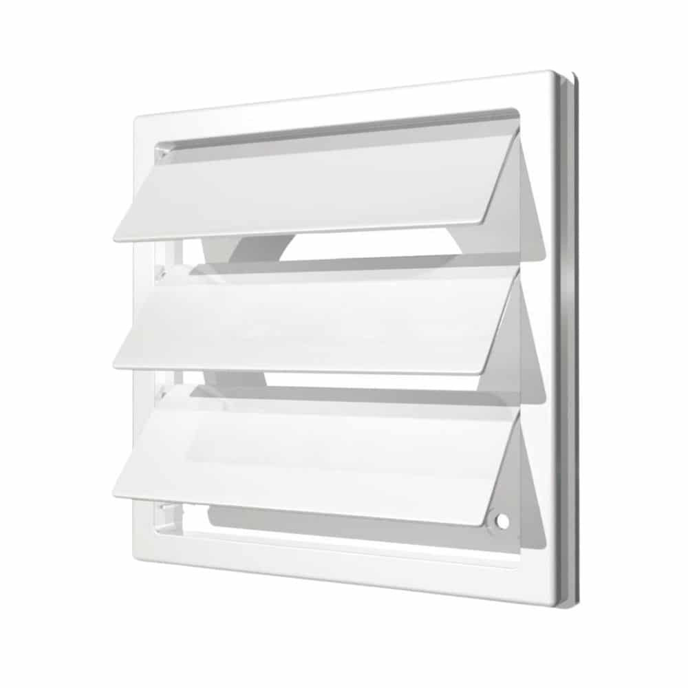 grila ventilatie o100mm patrata cu lamele gravitationale, exterior 150x150, asa plastic alb